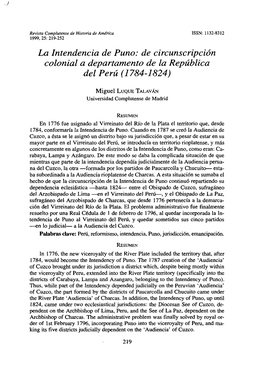 La Intendencia De Puno: De Circunscripción Colonial a Departamento De La República Del Perú (1784-1824)