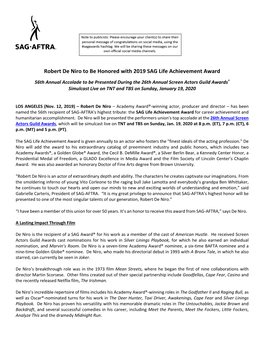 Robert De Niro to Be Honored with 2019 SAG Life Achievement Award