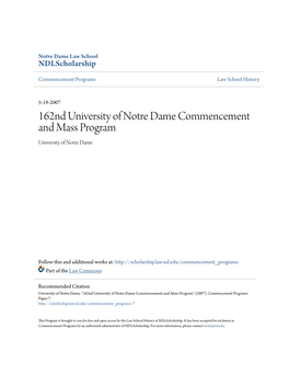 162Nd University of Notre Dame Commencement and Mass Program University of Notre Dame