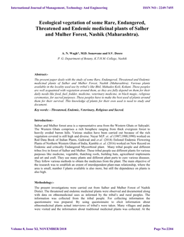 Ecological Vegetation of Some Rare, Endangered, Threatened and Endemic Medicinal Plants of Salher and Mulher Forest, Nashik (Maharashtra)