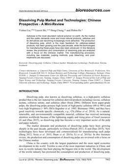 Dissolving Pulp Market and Technologies: Chinese Prospective - a Mini-Review