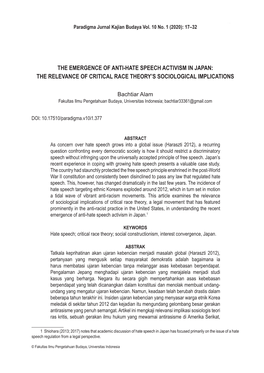The Emergence of Anti-Hate Speech Activism in Japan: the Relevance of Critical Race Theory’S Sociological Implications