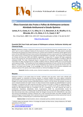 Óleos Essenciais Dos Frutos E Folhas De Kielmeyera Coriacea: Atividade Antitumoral E Estudo Químico Lemes, R