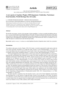 A New Species of Aspidura Wagler, 1830 (Squamata: Colubridae: Natricinae) from Knuckles, World Heritage Site, Sri Lanka