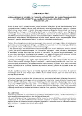 Comunicato Stampa Maggiori Garanzie Di Sicurezza Per L'impianto Di Stoccaggio Del Gas Di Cornegliano Laudense: Igs Parteciper