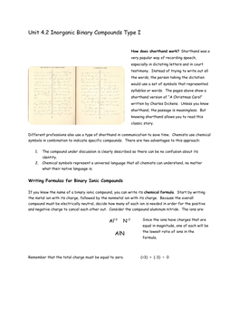 Unit 4.2 Inorganic Binary Compounds Type I