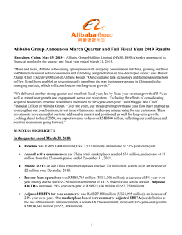 Alibaba Group Announces March Quarter and Full Fiscal Year 2019 Results