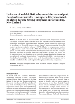 Coleoptera: Chrysomelidae), on Eleven Durable Eucalyptus Species in Hawke’S Bay, New Zealand