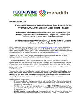 FOOD & WINE Announces Talent Line-Up and Event Schedule for The