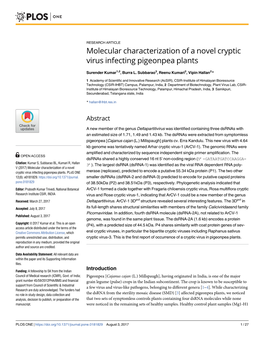 Molecular Characterization of a Novel Cryptic Virus Infecting Pigeonpea Plants