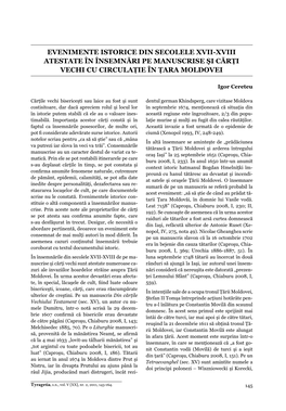 Evenimente Istorice Din Secolele Xvii-Xviii Atestate În Însemnări Pe Manuscrise Şi Cărţi Vechi Cu Circulaţie În Ţara Moldovei