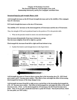 Chapter 15 Worksheet 3 (Wsi5.3) the Structural Basis for Acid Strength, Lewis Acid, Relationship Between Ka and Kb for Conjugate Acid-Base Pairs