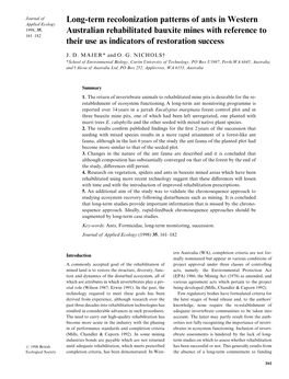 Term Recolonization Patterns of Ants in Western Australian Rehabilitated