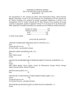 ANNEXES AU PROCES VERBAL DE LA SEANCE DU Lundi 12 Décembre 2005 SCRUTIN N° : 56 Sur L'amendement N° II-8, Présenté Par Mmes