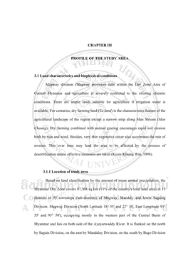 CHAPTER III PROFILE of the STUDY AREA 3.1 Land Characteristics and Biophysical Conditions Magway Division (Magway Province) Fall