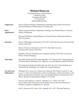 Michael Donovan Cleveland Museum of Natural History 1 Wade Oval Drive Cleveland, OH 44106 (773) 879-2547 Mdonovan@Cmnh.Org