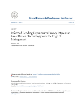 Informed Lending Decisions Vs Privacy Interests in Great Britain: Technology Over the Edge of Infringement Robert B