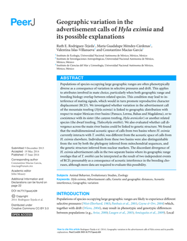 Geographic Variation in the Advertisement Calls of Hyla Eximia and Its Possible Explanations