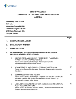 Committee of the Whole (Working Session) Agenda
