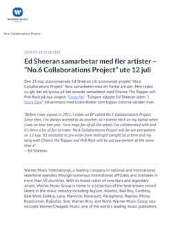 Ed Sheeran Samarbetar Med Fler Artister – ”No.6 Collaborations Project” Ute 12 Juli