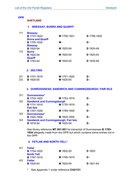 List of the Old Parish Registers Shetland