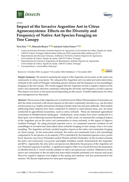 Impact of the Invasive Argentine Ant in Citrus Agroecosystems: Eﬀects on the Diversity and Frequency of Native Ant Species Foraging on Tree Canopy