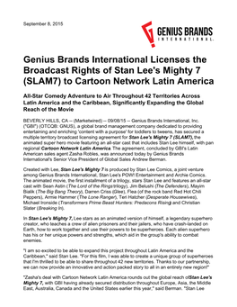 Genius Brands International Licenses the Broadcast Rights of Stan Lee's Mighty 7 (SLAM7) to Cartoon Network Latin America