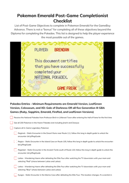 Pokemon Emerald Post-Game Completionist Checklist List of Post-Game Objectives to Complete in Pokemon Emerald for the Gameboy Advance