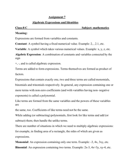 Assignment 7 Algebraic Expressions and Identities Class:8 C Subject: Mathematics Meaning: Expressions Are Formed from Variables and Constants