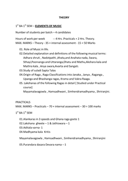 THEORY 1 BA 1 SEM – ELEMENTS of MUSIC Number of Students Per Batch