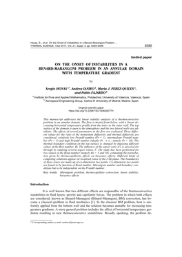 On the Onset of Instabilities in a Benard-Marangoni Problem … THERMAL SCIENCE, Year 2017, Vol