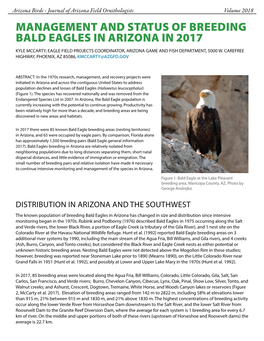 Management and Status of Breeding Bald Eagles in Arizona in 2017 Kyle Mccarty, Eagle Field Projects Coordinator, Arizona Game and Fish Department, 5000 W