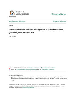 Pastoral Resources and Their Management in the North-Eastern Goldfields, Esternw Australia