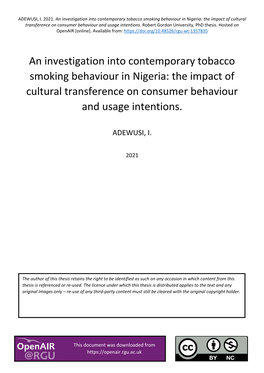 An Investigation Into Contemporary Tobacco Smoking Behaviour in Nigeria: the Impact of Cultural Transference on Consumer Behaviour and Usage Intentions