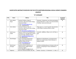 SHORTLISTED ABSTRACTS RECEIVED for the FIFTH NORTHERN REGIONAL SOCIAL SCIENCE CONGRESS UDAIPUR “A” CATEGORY Ledkyhu Lkfgfr;D