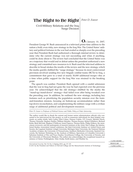 The Right to Be Right Peter D. Feaver Civil-Military Relations and the Iraq Surge Decision