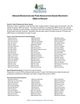 Oregon Recreation and Park Association Award Recipients 1963 to Present