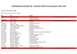 TURNIER-DATENBANK / TOURNAMENT DATABASE: 1897-1919 Last Updated: December 3Rd, 2019