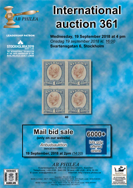 International Auction 361 LEADERSHIP PATRON Wednesday, 19 September 2018 at 4 Pm Onsdag 19 September 2018 Kl