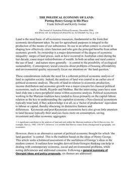 THE POLITICAL ECONOMY of LAND: Putting Henry George in His Place Frank Stilwell and Kirrily Jordan