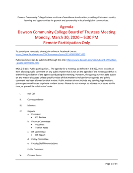 Agenda Dawson Community College Board of Trustees Meeting Monday, March 30, 2020 – 5:30 PM Remote Participation Only