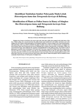 Identifikasi Tumbuhan Sumber Polen Pada Madu Lebah Heterotrigona Itama Dan Tetragonula Laeviceps Di Belitung