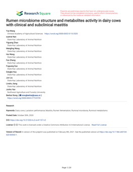 Rumen Microbiome Structure and Metabolites Activity in Dairy Cows with Clinical and Subclinical Mastitis