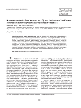 Notes on Santobius from Vanuatu and Fiji and the Status of the Eastern Melanesian Ibalonius (Arachnida: Opiliones: Podoctidae) Adriano B