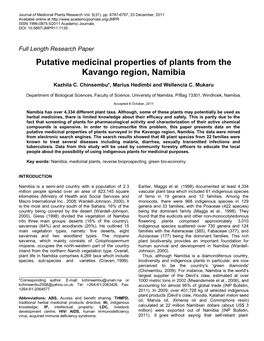 Putative Medicinal Properties of Plants from the Kavango Region, Namibia