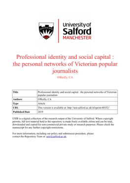 Professional Identity and Social Capital : the Personal Networks of Victorian Popular Journalists O'reilly, CA