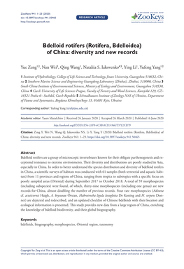 Bdelloid Rotifers (Rotifera, Bdelloidea) of China: Diversity and New Records