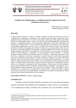 A Formação Territorial E O Processso De Urbanização Da Cidade De Pauini-Am