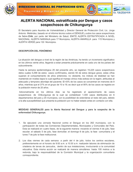 La Direccion De Proteccion Civil, Emite Alerta Nacional Estratificada Por Dengue Y Casos Sospechosos De Chikungunya