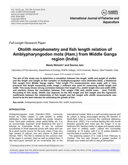 Otolith Morphometry and Fish Length Relation of Amblypharyngodon Mola (Ham.) from Middle Ganga Region (India)